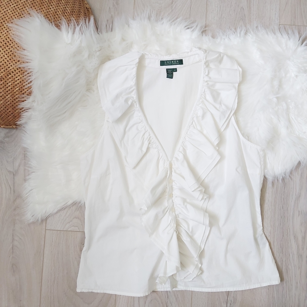 Ralph Lauren white Cotton ruffle sleeveless blouse